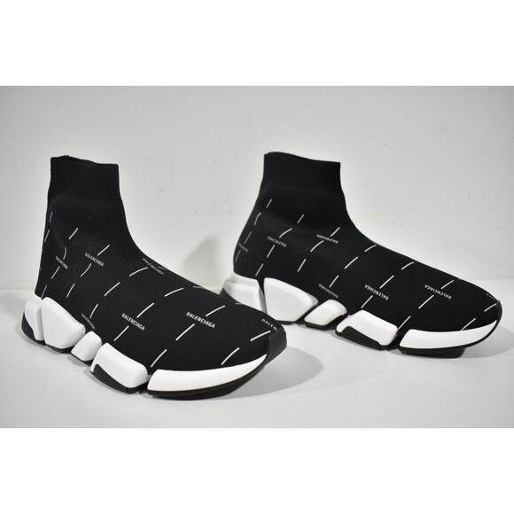Balenciaga Mens Speed 2.0 Sock Black White All Over Logo High Top Sneaker 43 10 - Picture 2 of 12